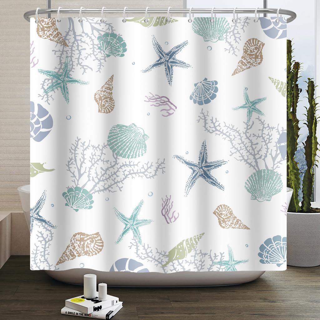 Nautical Coastal Shower Curtain Starfish Coral Seashell Beach Ocean Bathroom Curtain Underwater Marine Waterproof Bath Curtain