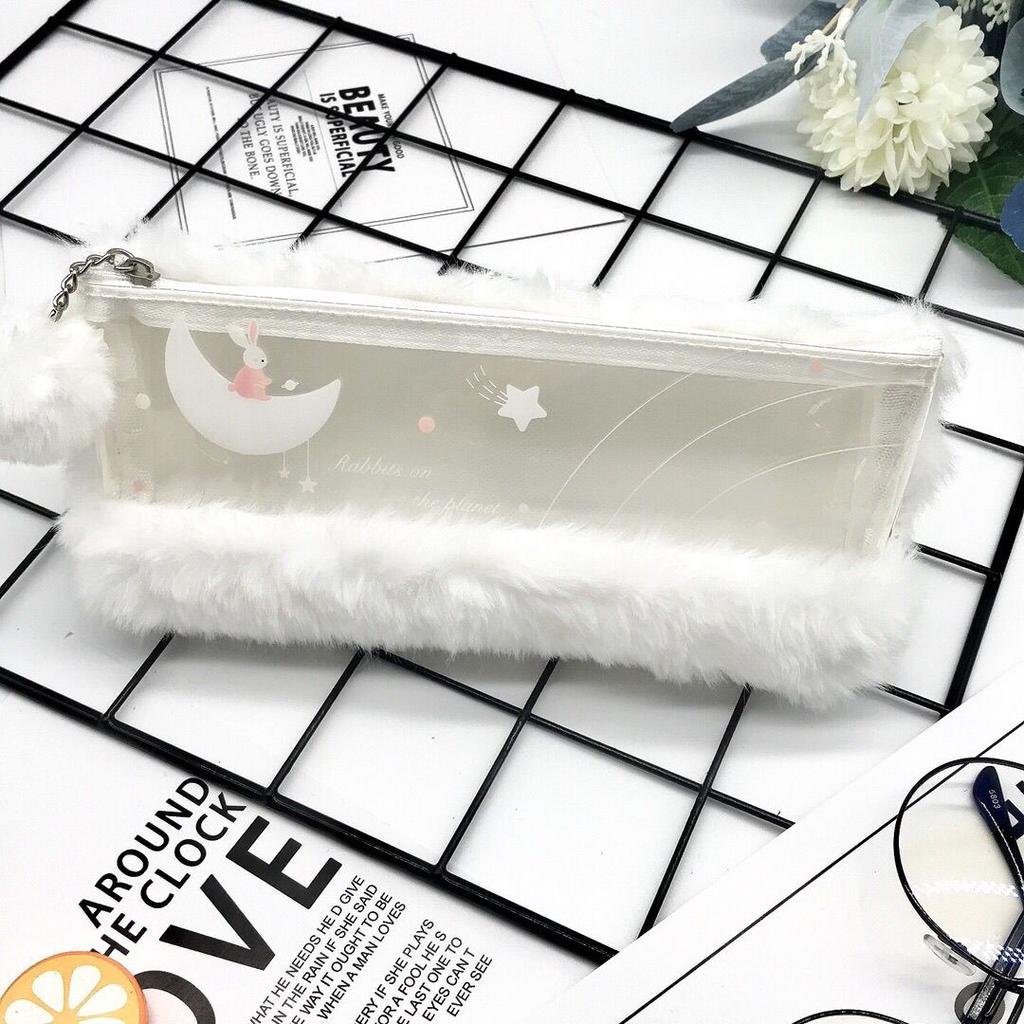Minimalist Spliced Semi-transparent Pencil Case for Girls Rabbit Japanese-style Cute and Fashionable First-grade Fluffy Portable Stationery Storage