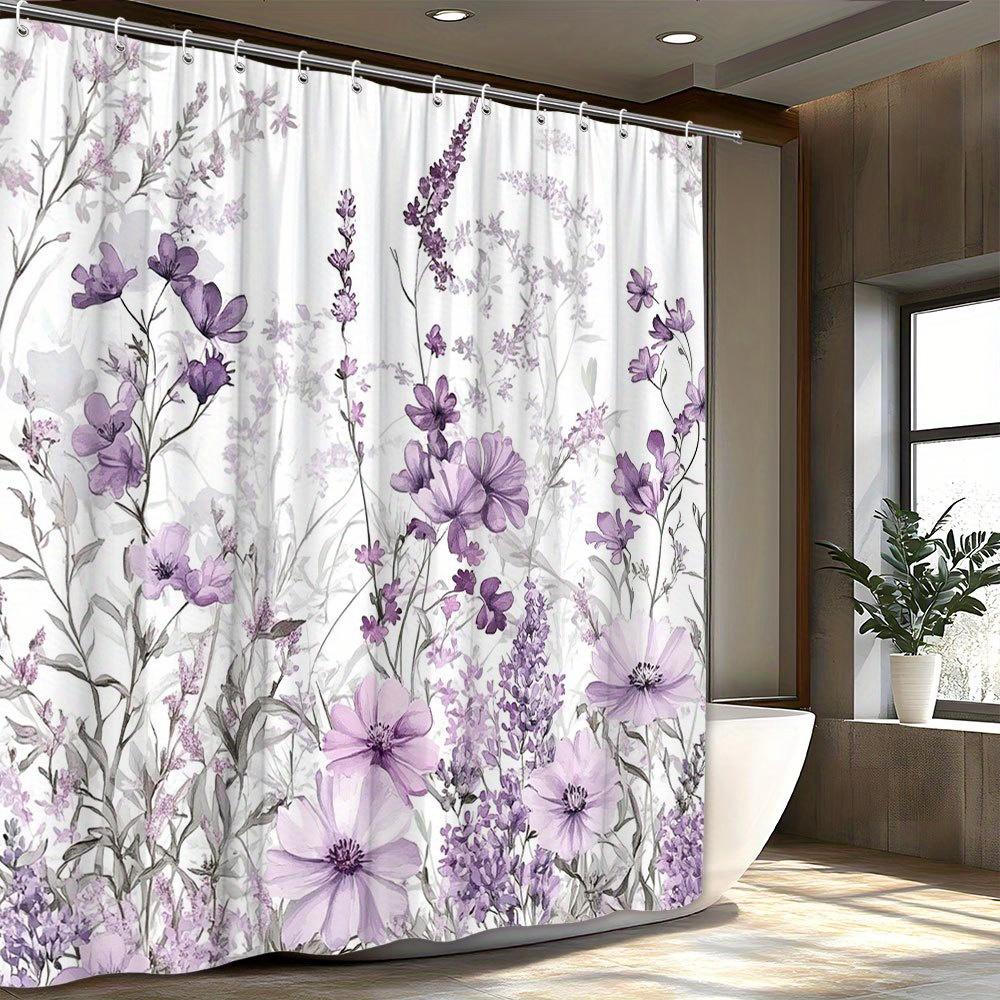 1-Pack Pastel Floral Cosmos Shower Curtain - Purple and Lavender Ombre Botanical Print Polyester Fabric, Hooks, Machine Washable