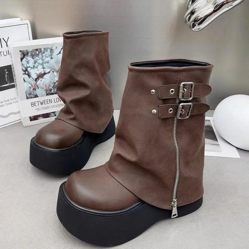 Hot Girl Style Black Brown Round Toe Boots Platform Women Knee High Boots Belt Buckle Slip On Design Side Zipper Knight Boots
