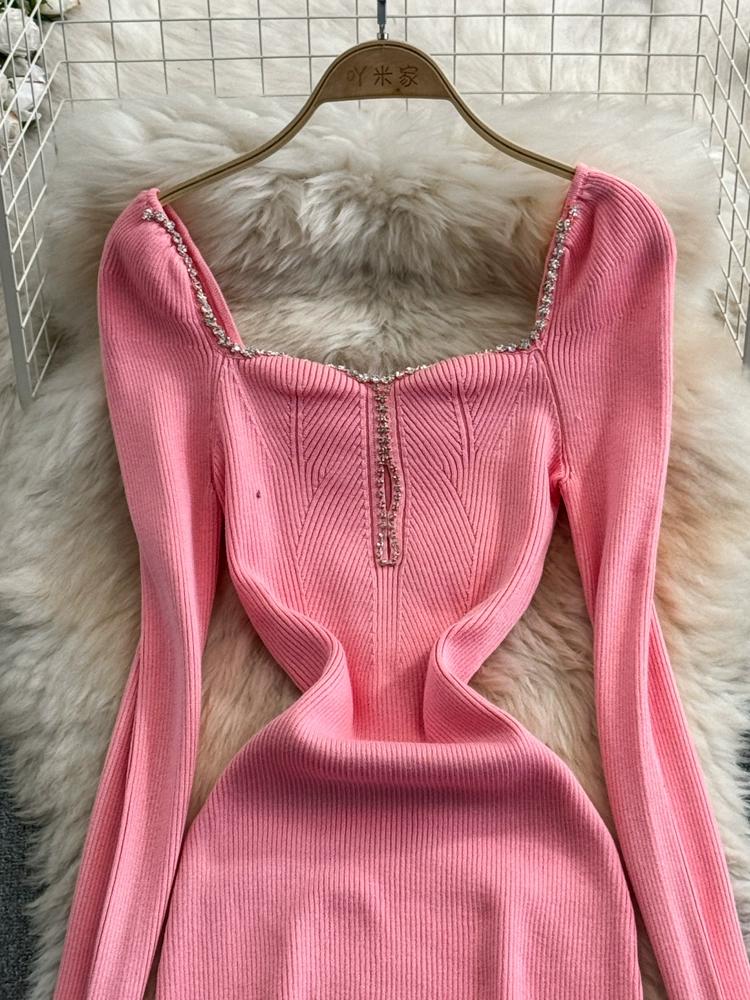 Autumn and Winter Long Sleeved Diamond Studded Square Collar with Cinched Waist for Slimming Effect Medium To Long Version Knitted Dress for Women