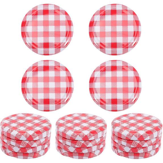 PRETYZOOM 40pcs Jar Lids Metal Canning Lids Red White Checked Jar Screw Caps for Canning Jars Jam Jelly Bottles 63MM