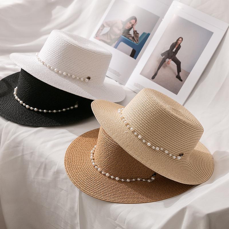 Summer Straw Sun Hat for Women - Faux Pearl Decorated, Stylish Protection for Face and Neck, Perfect for Outdoor Activities