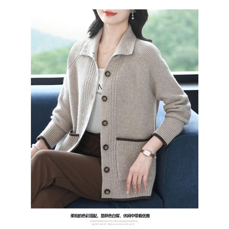 Cardigan de damă de toamnă și iarnă, culoare uni, cu revere cu nasturi, la modă, cu buzunar, casual, elegant, top