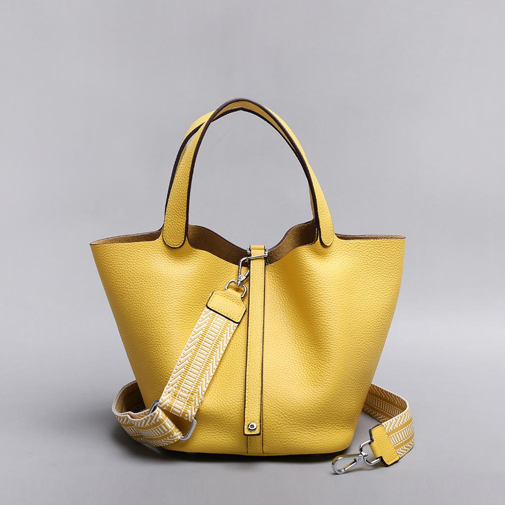 Leichter Luxus Echte Rindsleder Korb-Stil Eimer Tasche Neu für Damen Silberfarbener Schlossverschluss Oberer Griff Handtasche, KEIN LOGO
