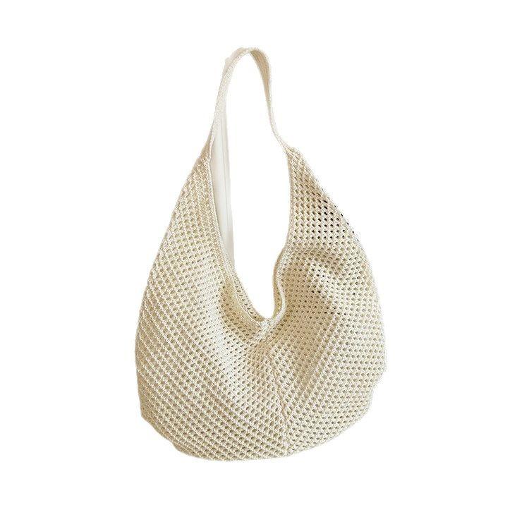 Casual large-capacity cotton thread woven bag, new openwork straw bag, lazy style shoulder bag, vacation beach bag, women's bag