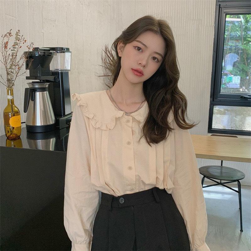 Dongdaemun Peter Pan Collar Sweet Blouse: Women's Loose Long Sleeve Top for Spring/Autumn 2025.