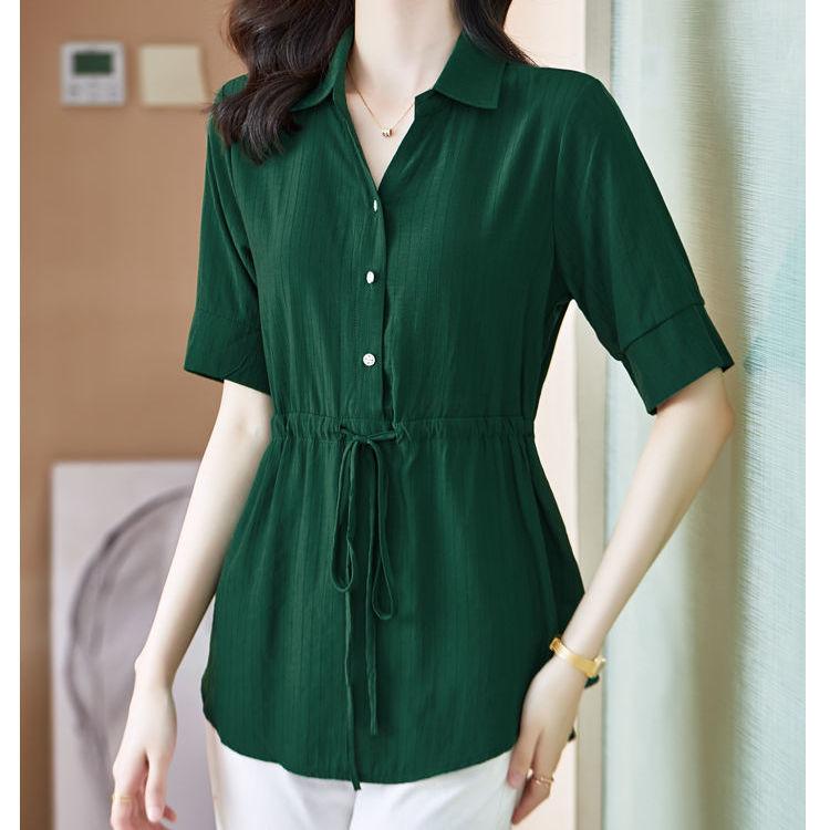 Top Estivo a Mezza Manica con Cinturino in Vita Larga, Camicia Corta a Manica Larga in Chiffon da Donna