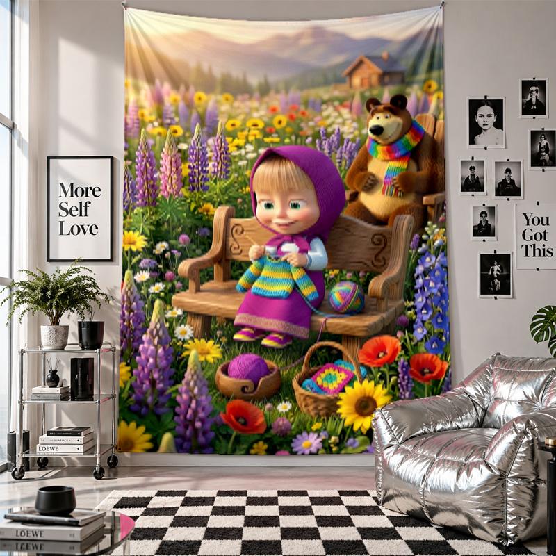 Wall TapestryMasha and the Bear Art Hanging Cloth Decorative Background Cover for Room Decoration