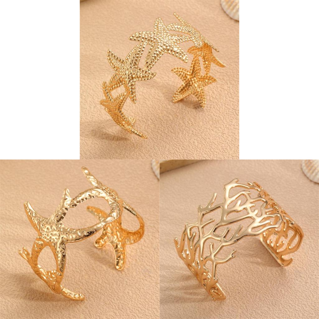 Style Metal Flower Open Bracelet With Starfish Charm For Women Summer