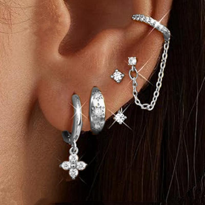 4PCS Double Piercing Chain Huggie Hoop Earring Lot For Women Tragus Stud Earrings Flower Cartilage Helix Jewelry Lobe Earing Set