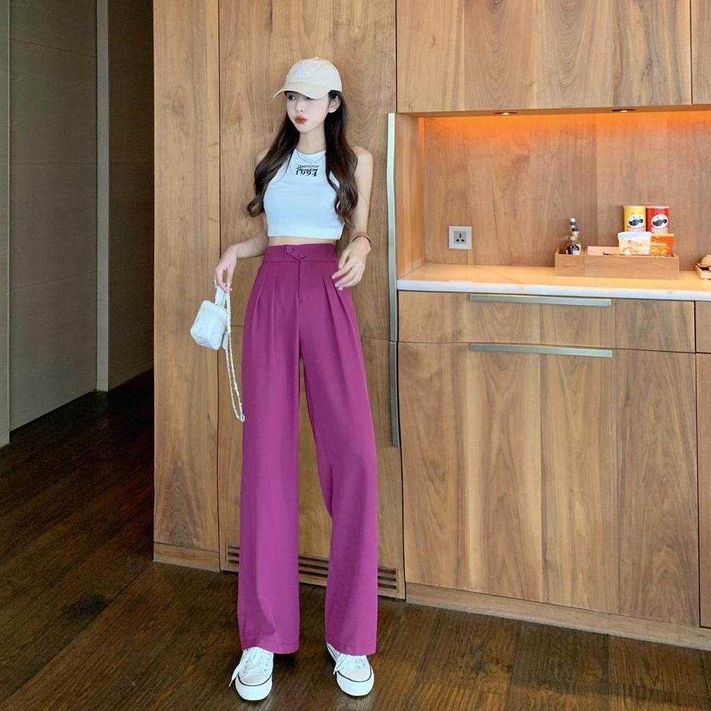 Calças largas de cor sólida para estudantes femininas de primavera e outono, cintura alta, tamanho grande, tubo reto, caimento solto, calças casuais de terno para esfregão de chão