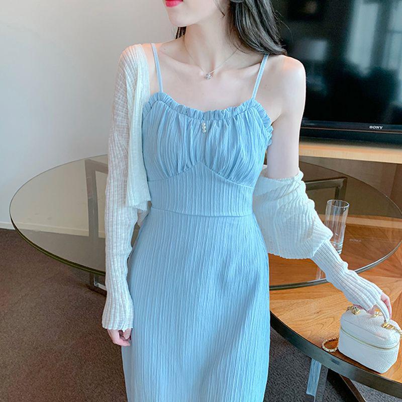 

Women s Blue Camisole Dress: Summer Design, Waist-Cinching, Slim-Fit, Gentle Style, Long Skirt Two-Piece Set S In Stock