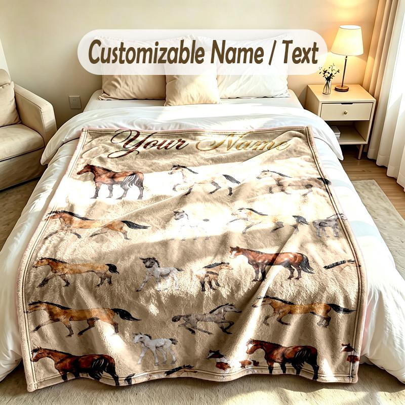 Horse Theme Custom Blanket Personalized Name & Text Customized Soft Warm Throw Blanket Home Decor