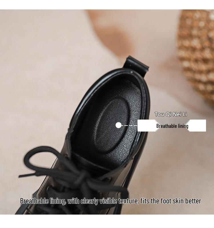 12cm Height Boost Chunky Heel Black Leather Loafers for Women, British Style, Lace-up High Heels for Spring & Autumn