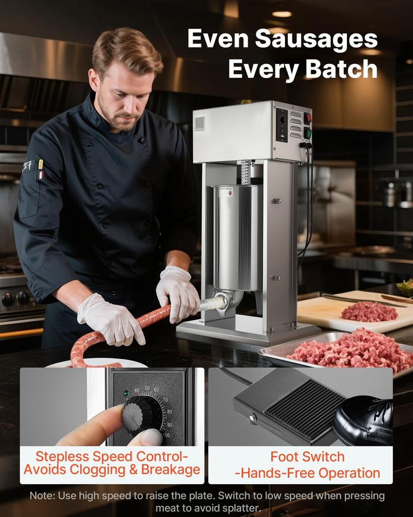 Electric Sausage Stuffer, 25 LBS / 12 L Vertical Meat Stuffer, Stepless Speed Control and Foot Pedal, Stainless Steel Heavy Duty Sausage Filler with 4