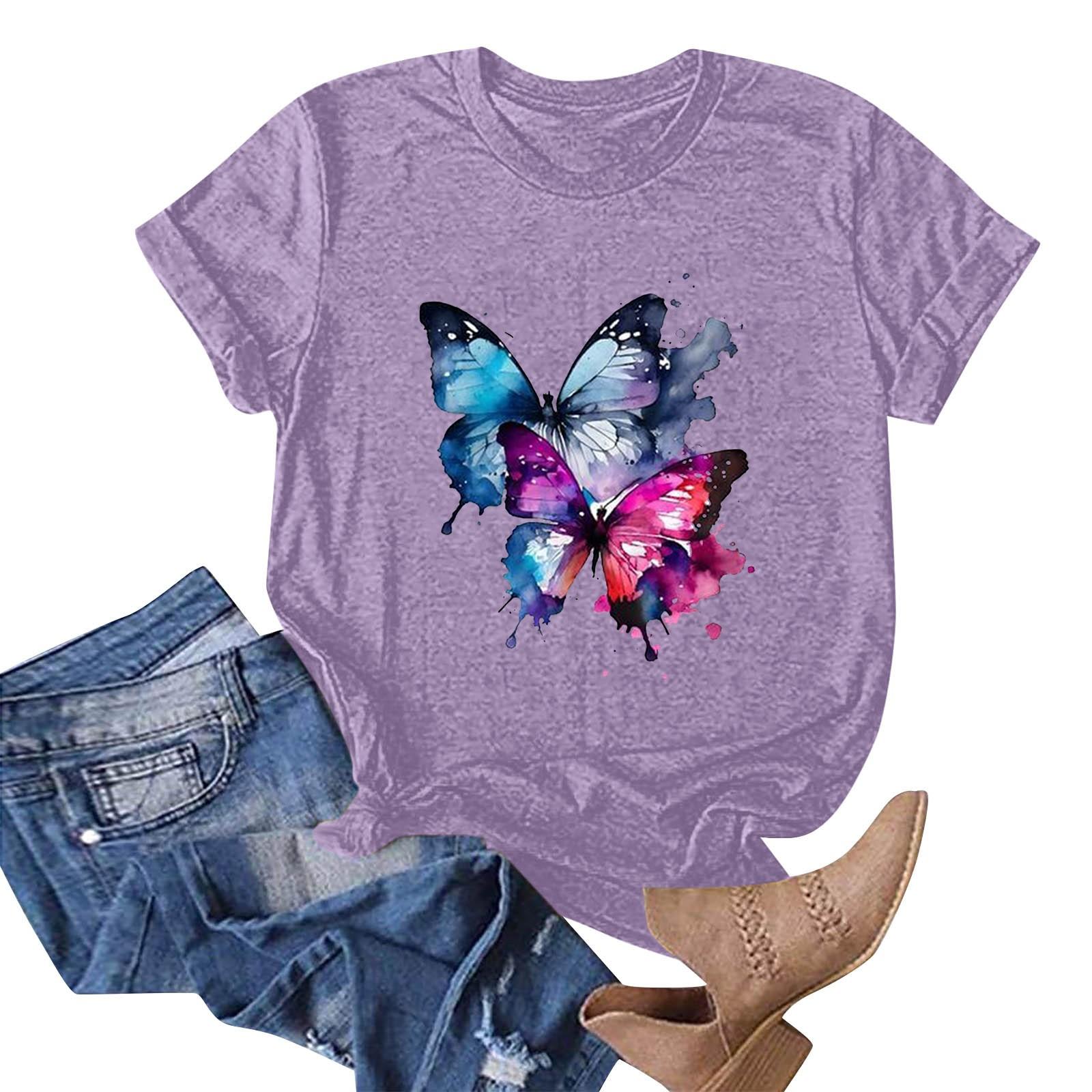 

Женская мода, повседневный пуловер с круглым вырезом и принтом, футболка с короткими рукавами, топ S фиолетовый