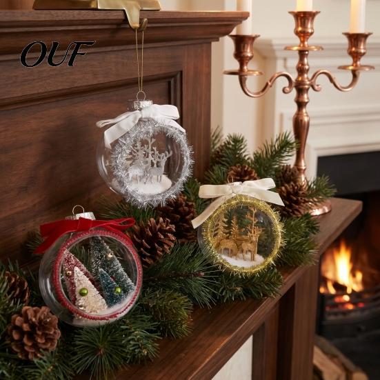 Winter Fairy Tale Hanging Decor Opening Christmas Ball Ornament with Bow, Tree Reindeer Snow Scene Micro Landscape Inside Clear Ball, Xmas Sphere
