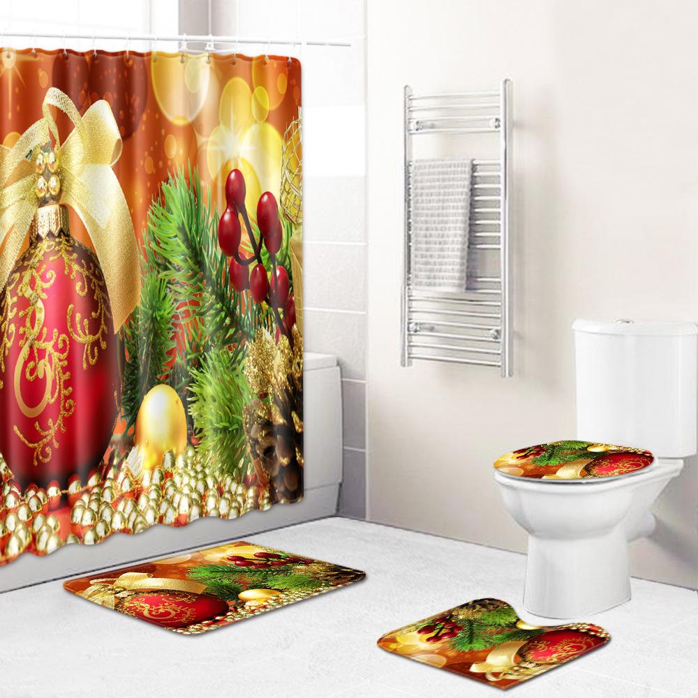Christmas Elements Bathroom Shower Curtain Floor Mat Toilet Cover Foot Mat Four-Piece Pattern Size