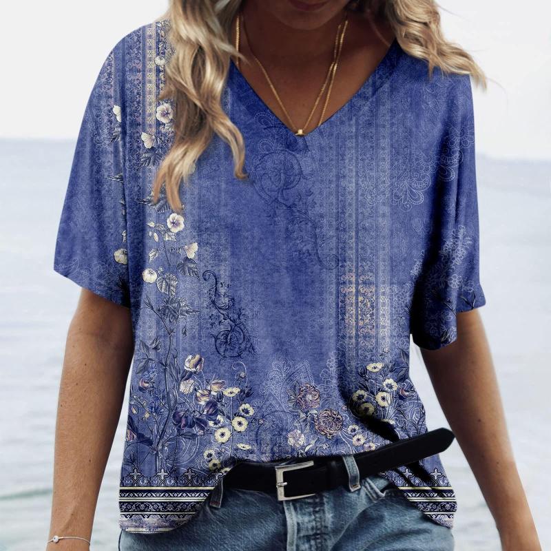 Summer Flower T-shirt Flower 3D Printed Women's V-neck Short Sleeve