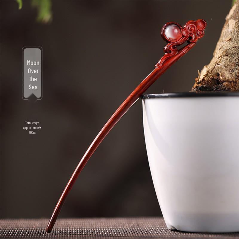 Red Sandalwood Women's Retro Hanfu Hairpins: Hollow Carved Moon Rabbit Wooden Ornaments