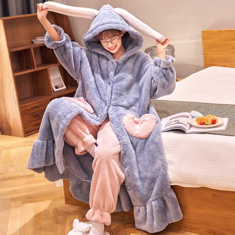 Pijamas gruesos para mujer, pijamas con capucha cálidos y dulces, ropa de casa de franela de invierno kawaii para mujer, batas lindas, suaves y elegantes