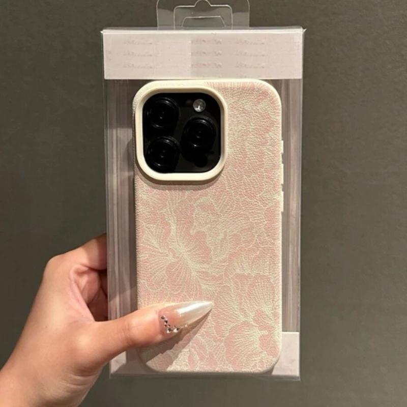 Light Pink Gentle Floral Pattern Imitation Leather Phone Case for iPhone 17 Air 16 E 15 14 Plus 13 12 11 Pro Max XS Max Cover