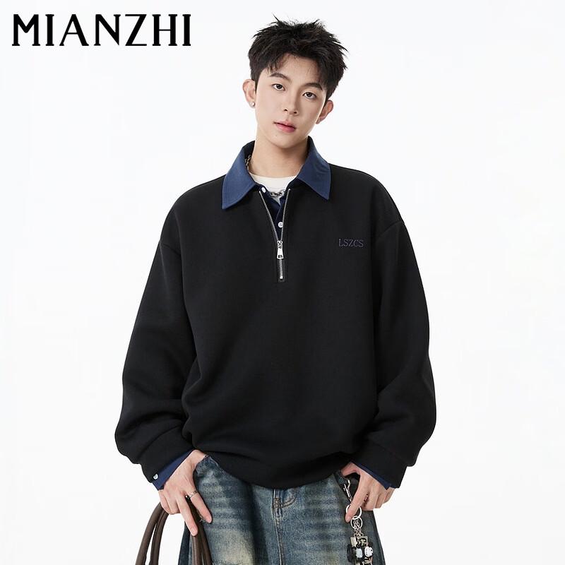 Men s American Retro Color-Block Fake Two-Piece Long-Sleeve POLO Sweatshirt 3XL