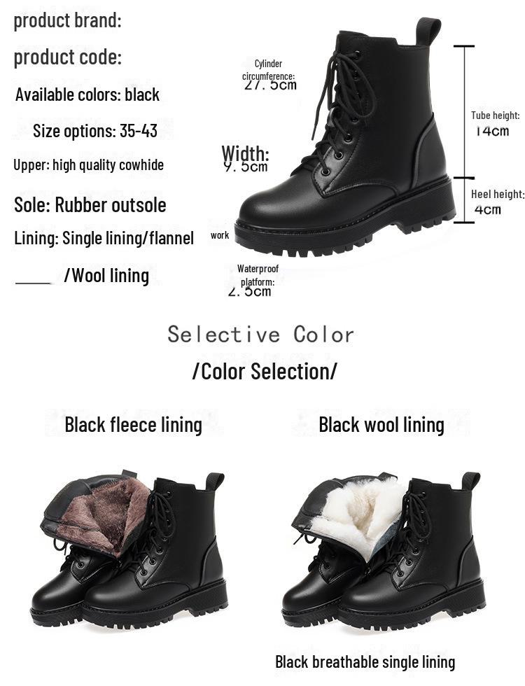 Botas Martin de Cuero Genuino para Mujer - Otoño/Invierno 2024, Tacón Bajo, Acolchado de Terciopelo, Suela Plana, Forrado de Algodón