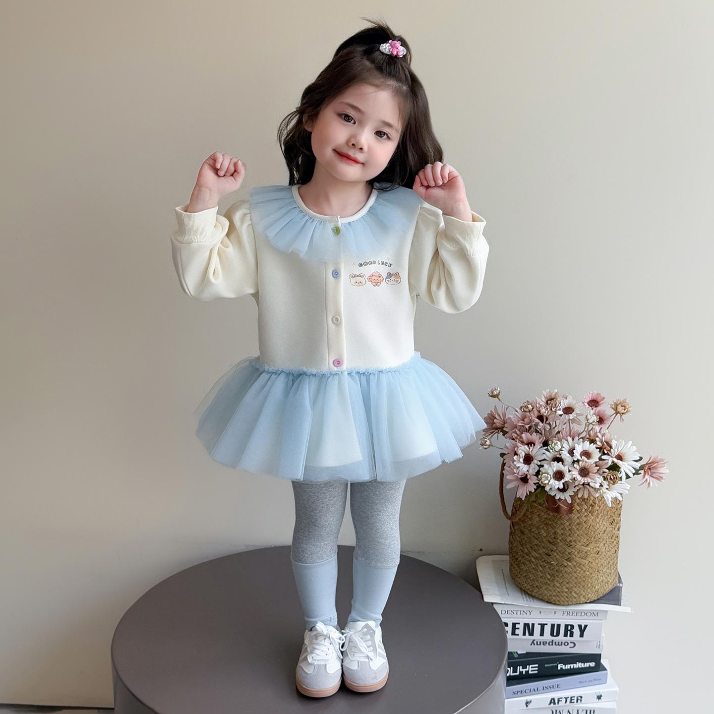 

Комплект из двух вещей для девочек в корейском стиле: Сетчатый топ и леггинсы для весны/осени 120 cm синий