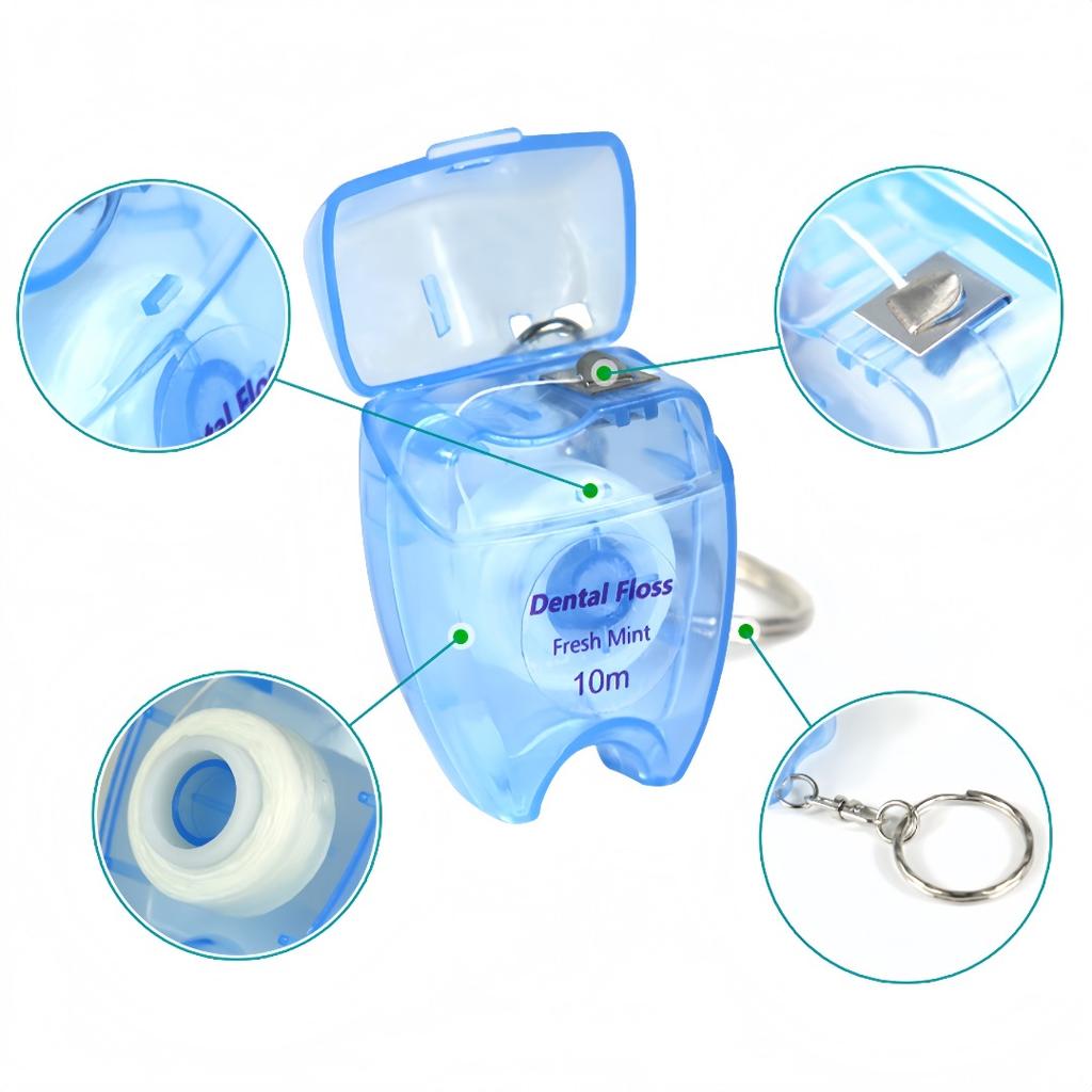 10pcs 10M Mint Flavored Dental Floss Roll Portable Keychain Tooth-Shaped Design Oral Hygiene Teeth Cleaning Tool Random Color