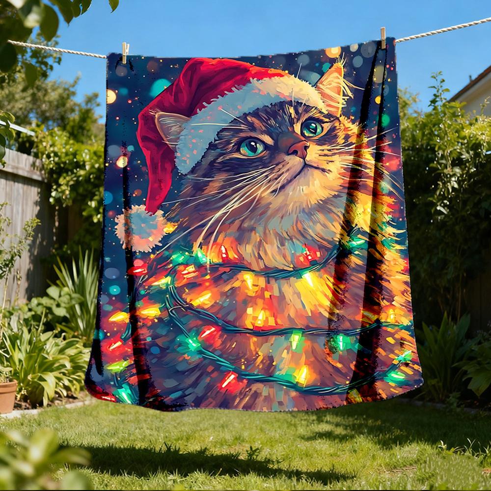 1pc Christmas Cat Outdoor Soft Polyester Flannel Throw Blanket Versatile for All Seasons , Soft , Cozy , Warm All Season Quilted Throw , 80x120cm