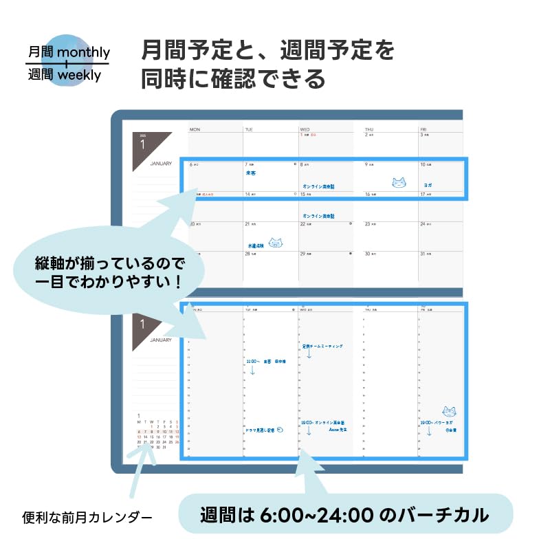 TETEFU 2026 Foldable Planner, January Start Monthly & Weekly [Set] [Turquoise] TETEFU Gantt Chart, Vertical Weekly, Ito Techo M-W-TQ