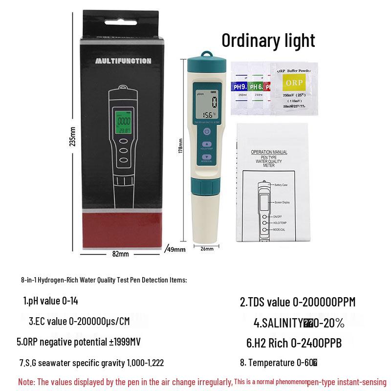 8-in-1 Tragbarer Wasserqualitäts-Teststift: pH, TDS, EC, Salzgehalt, SG, ORP, Temperatur, H2
