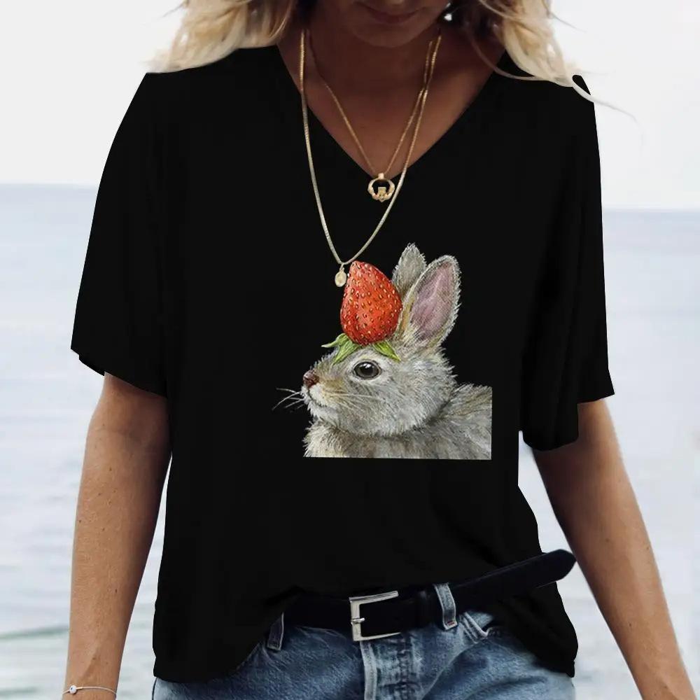 Ladies' V-neck T-shirt 3D Printed Animated Bunny Trendy Printed Short Sleeved T-shirt