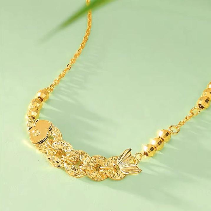 Vietnam Sand Gold Koi Necklace: Five Emperor Coins, Crushed Ice Design - Elegant Clavicle Chain, Perfect for Qixi Birthday Gift