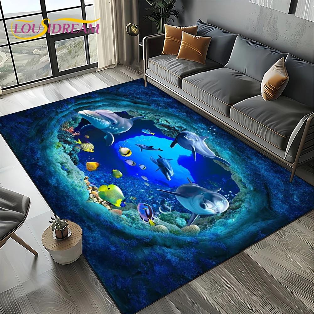 Underwater World 3D Illusion Seabed Cartoon Shark Dolphin Carpet Rug for Living Room Bedroom Home Sofa Decoration,Floor Mat Kid