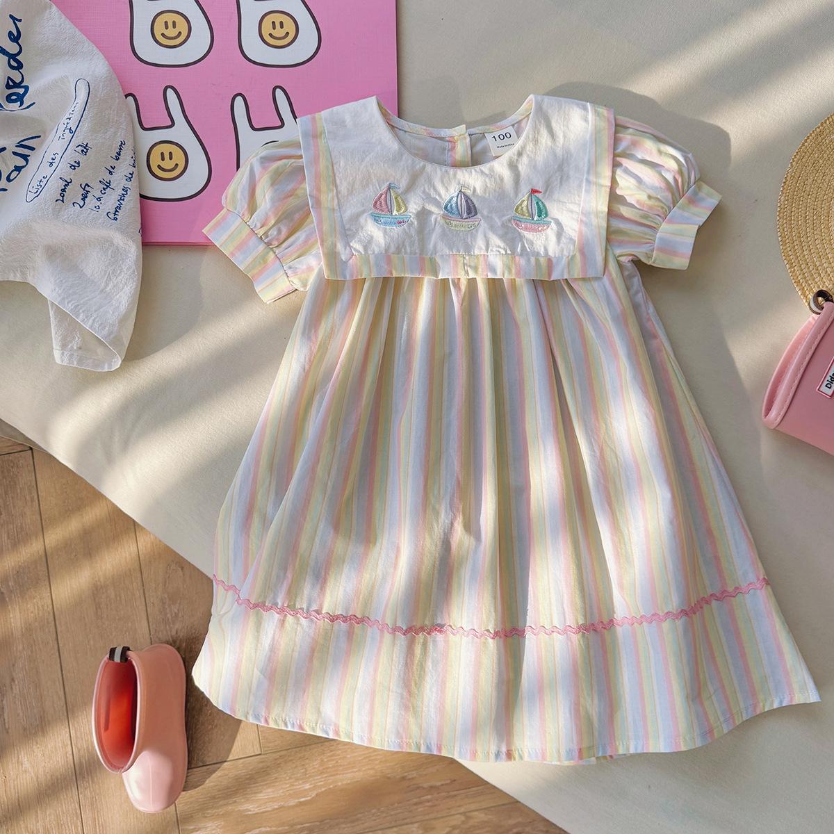 Girls Navy Striped Dress Summer Colorful Sailboat Embroidery Short Sleeve Baby Dress 90cm