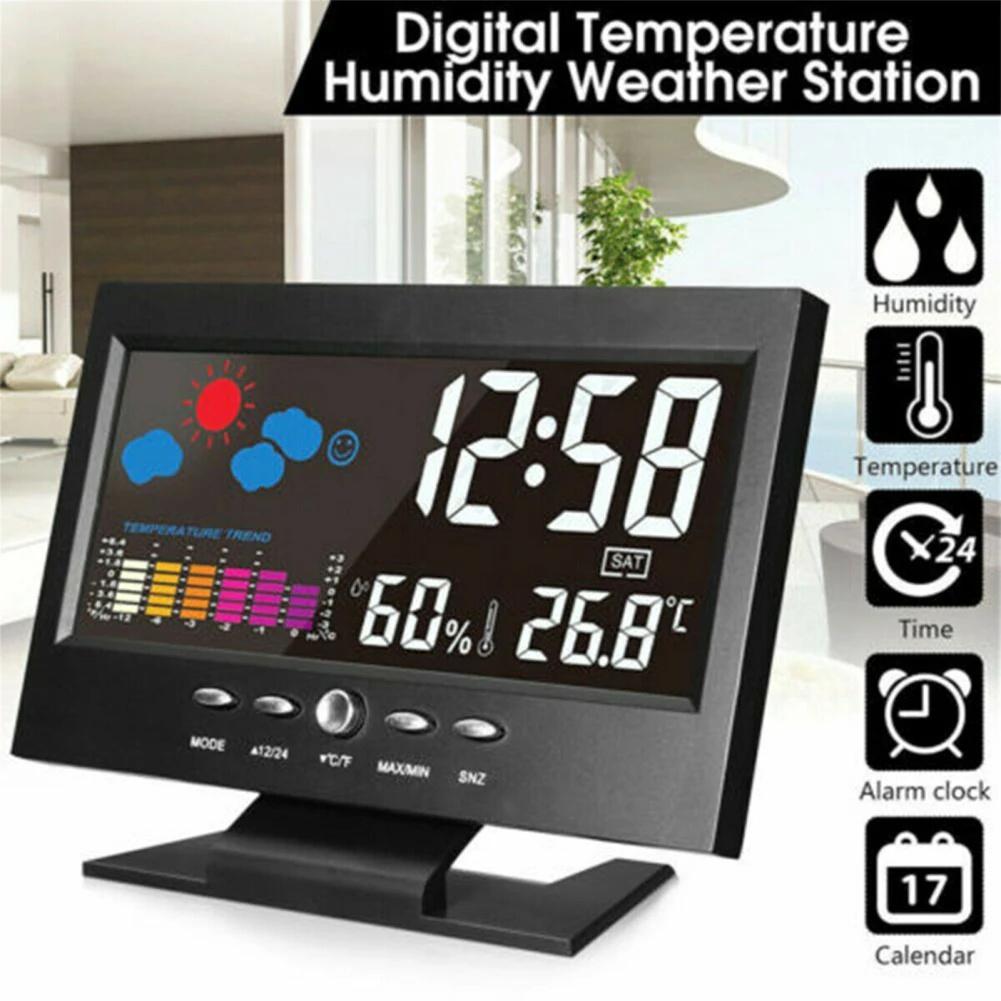 Réveil Avec Grand Écran Tactile Couleur à Commande Vocale, Câble USB, Test d'Humidité, Station Météorologique 5-en-1 Pour Chambre à Coucher, Salon