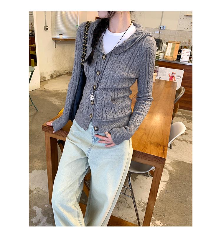 Navy Blue Fluffy Hooded Cable Knit Cardigan for Women – 2026 Autumn Collection