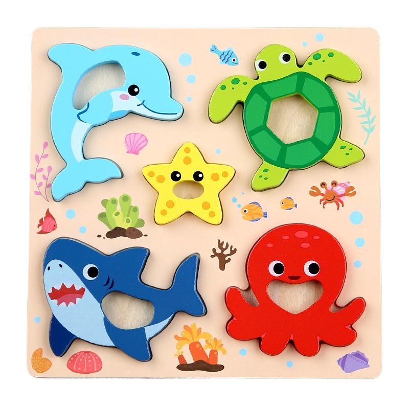Montessori 3D Holzpuzzle Cartoon Tiere Muster Legespiel Kinder Lernspielzeug Geschenke für Kinder