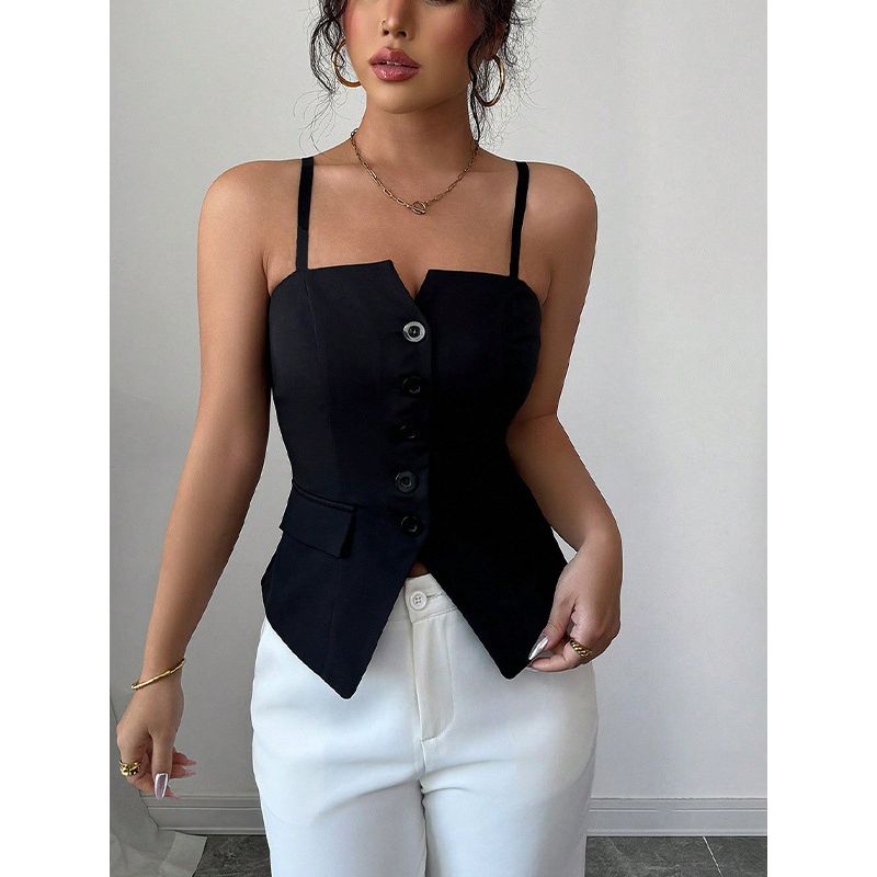 Women Clothes Solid High Sense Fashion Black Tube Top Summer New European and American Temperament Sling Cardigan Vest Top