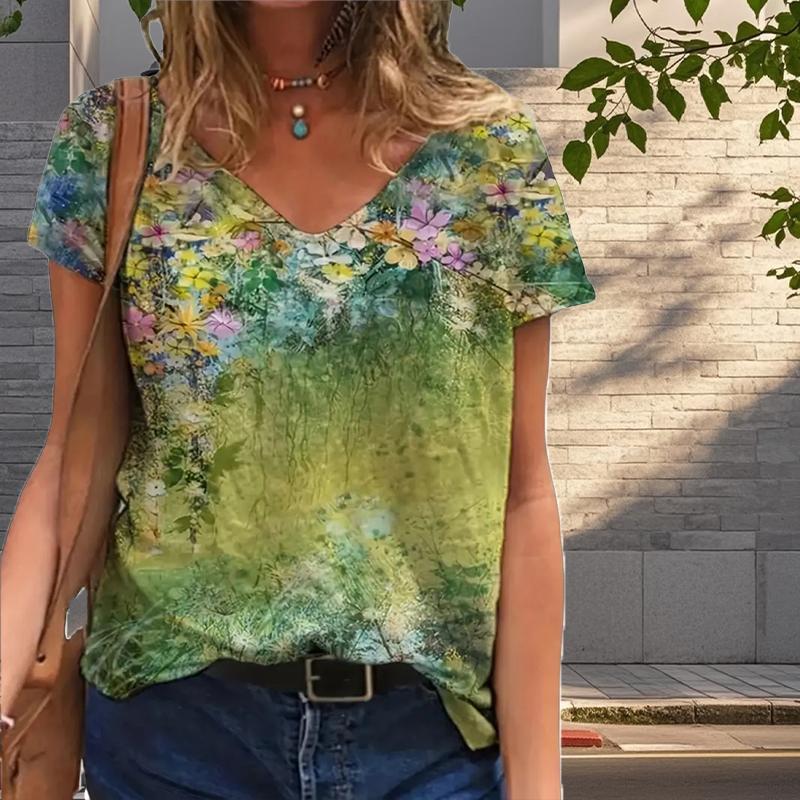 Blusar med vackra landskapsmålningar Kortärmade V-ringade T-shirts Casual