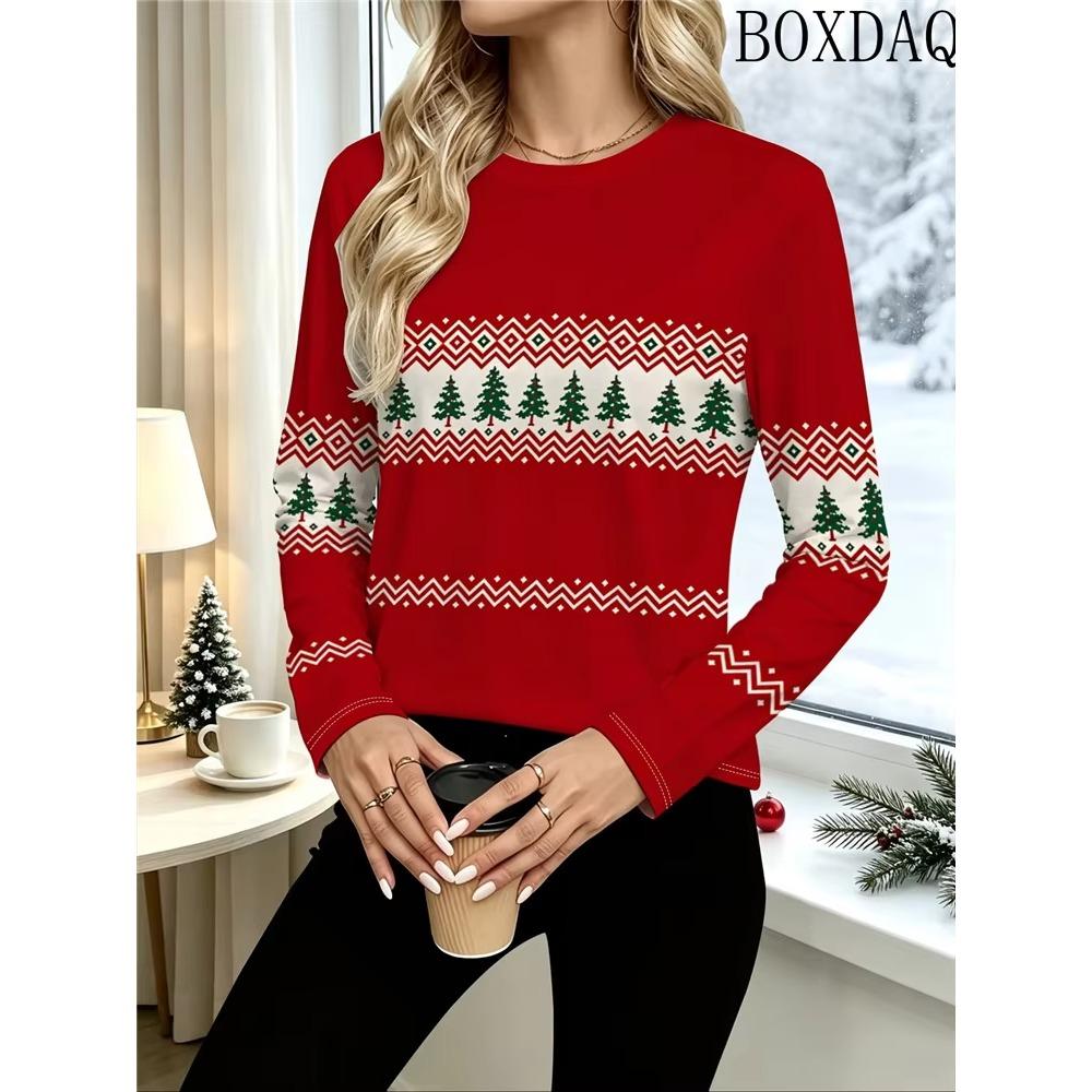 Women's Christmas Fashion Print Autumn T-Shirt New O-Neck Long Sleeve T-Shirt Fashionable Comfortable Breathable Soft Casual Loose Versatile T-Shirt