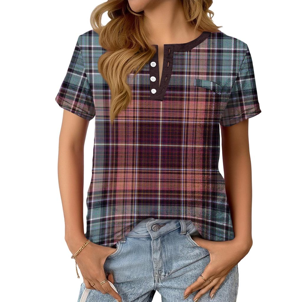 Modisches Lässiges Sommer-Karomuster V-Ausschnitt Knopf Kurzarm-Oberteil für Damen