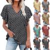 Women's Casual V-neck Short Sleeve T-shirt Ruffle Sleeve Loose Top