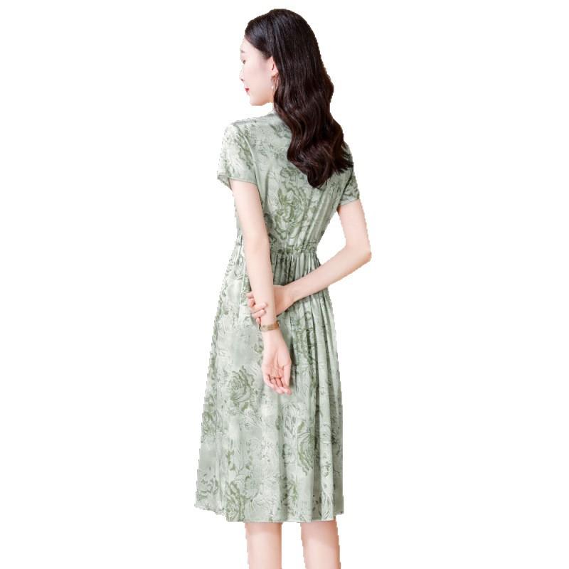 Summer Silk Dress Printed Elegant Intellectual Lace-up Waist Mulberry Silk Short-sleeved Dress