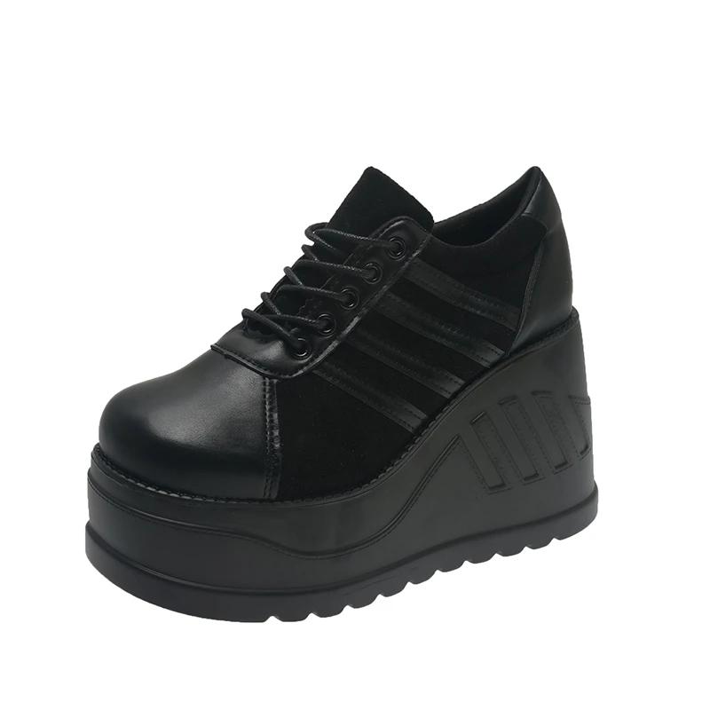 Scarpe con plateau da donna nere grandi zeppe sneakers con tacco alto da 10 cm con lacci alla moda scarpe con tacco gotico per donna punk tennis