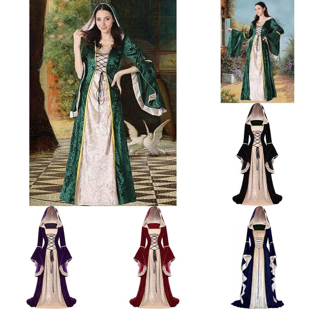 Medieval Vintage Court Dress With Velvet Fabric And Puff Sleeves For Halloween Costume Enthusiasts