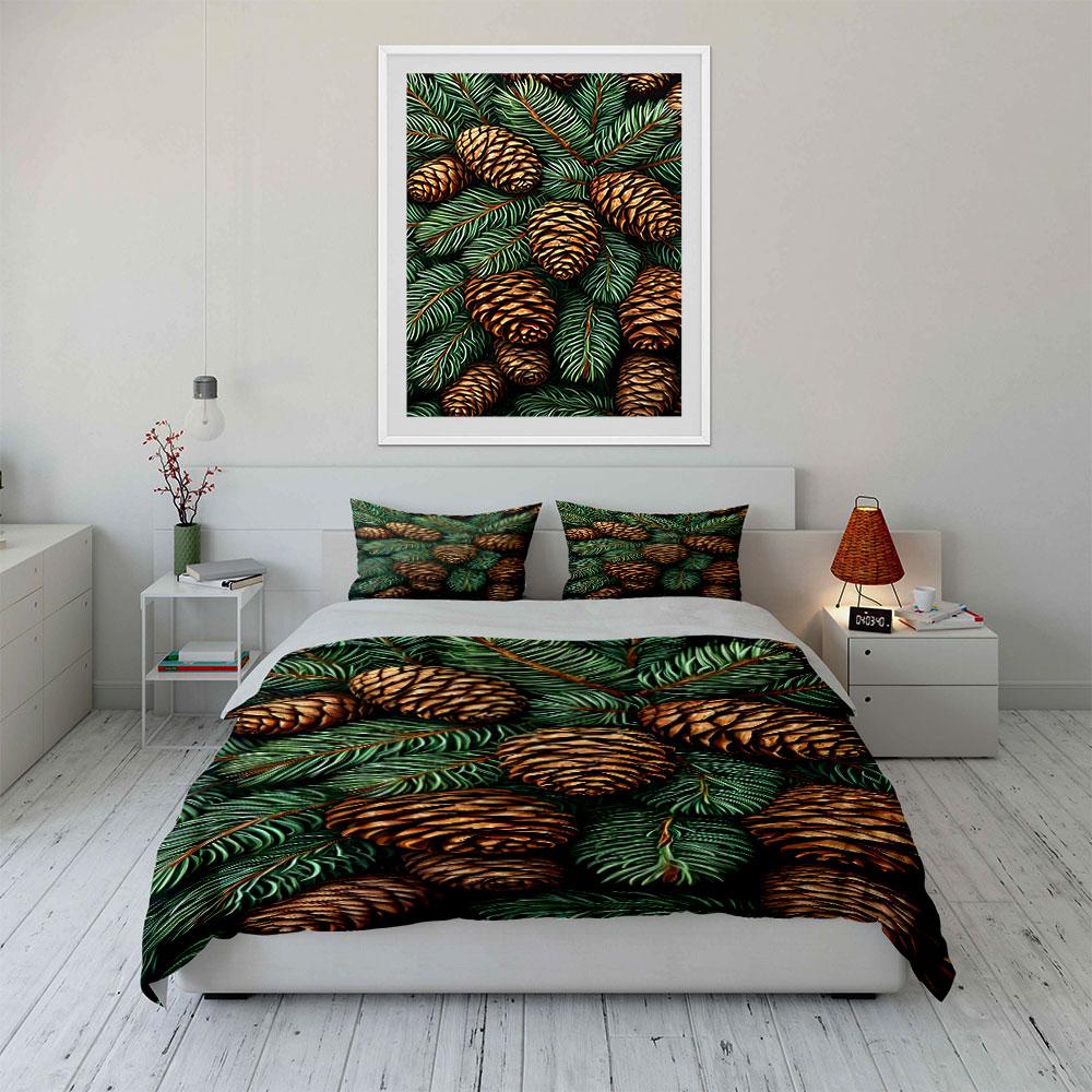Pinecones and Evergreen Pattern Bedding Duvet Cover Set Duvet Cover Pillowcases (1*Duvet Cover 2*Pillowcases, Without Duvet Insert)